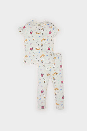 DeFacto Kız Bebek Pijama Takımı Desenli Kısa Kollu Fitilli Kaşkorse Üst Beli Lastikli Uzun Alt E1540A525SMER233