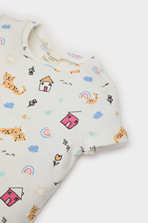 DeFacto Kız Bebek Pijama Takımı Desenli Kısa Kollu Fitilli Kaşkorse Üst Beli Lastikli Uzun Alt E1540A525SMER233