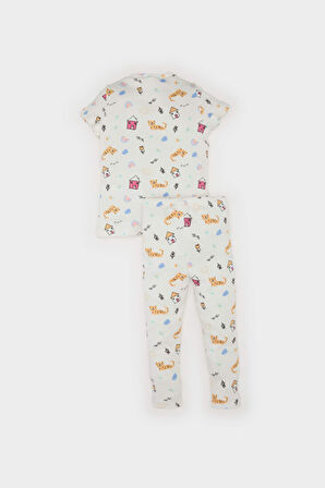 Kız Bebek Pijama Takımı Desenli Kısa Kollu Fitilli Kaşkorse Üst Beli Lastikli Uzun Alt