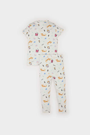 Kız Bebek Pijama Takımı Desenli Kısa Kollu Fitilli Kaşkorse Üst Beli Lastikli Uzun Alt