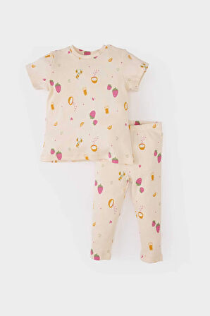 Kız Bebek Pijama Takımı Meyve Baskılı Kısa Kollu Fitilli Kaşkorse Kısa Kollu Üst Beli Lastikli Uzun Alt
