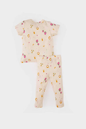 Kız Bebek Pijama Takımı Meyve Baskılı Kısa Kollu Fitilli Kaşkorse Kısa Kollu Üst Beli Lastikli Uzun Alt