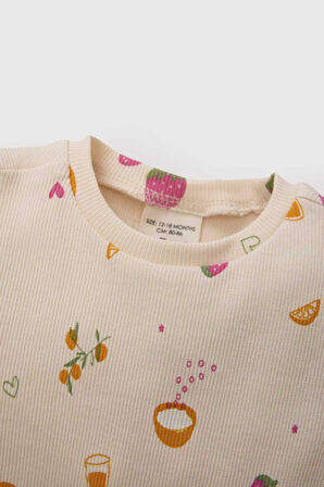DeFacto Kız Bebek Pijama Takımı Meyve Baskılı Kısa Kollu Fitilli Kaşkorse Kısa Kollu Üst Beli Lastikli Uzun Alt E1544A525SMYL507