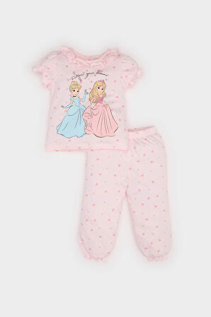 Kız Bebek Disney Prenses Pijama Takımı Kısa Kollu Penye Üst Beli Lastikli Uzun Alt