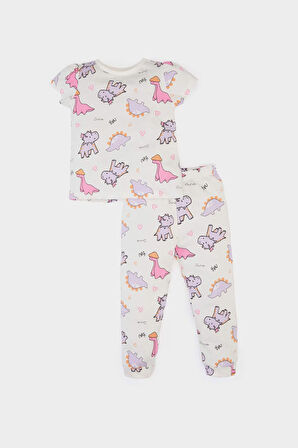 DeFacto Kız Bebek Pijama Takımı Dinazor Baskılı Kısa Kollu Penye Üst Esnek Belli Uzun Alt E1547A525SMER238