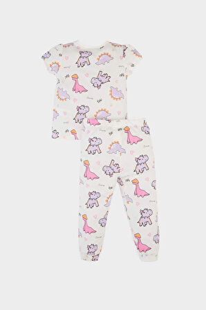 Kız Bebek Pijama Takımı Dinazor Baskılı Kısa Kollu Penye Pijama Üstü Esnek Belli Uzun Pijama Altı