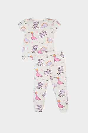 Kız Bebek Pijama Takımı Dinazor Baskılı Kısa Kollu Penye Pijama Üstü Esnek Belli Uzun Pijama Altı