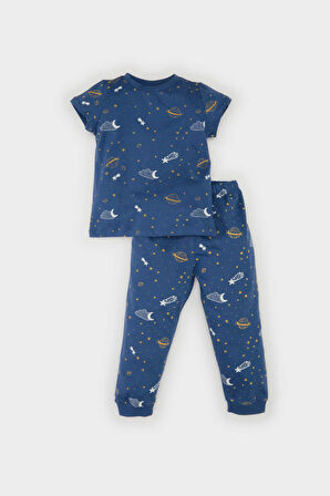 Erkek Bebek Pijama Takımı Desenli Kısa Kollu Penye Üst Beli Lastikli Uzun Alt