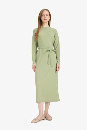 Regular Fit Bisiklet Yaka Bağlamalı Uzun Kollu Maxi Elbise