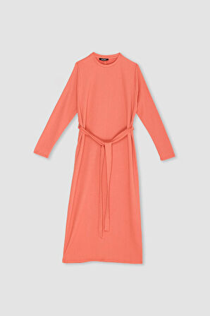 Regular Fit Bisiklet Yaka Bağlamalı Uzun Kollu Maxi Elbise