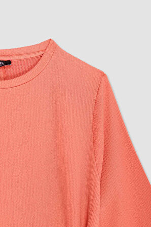 Regular Fit Bisiklet Yaka Bağlamalı Uzun Kollu Maxi Elbise