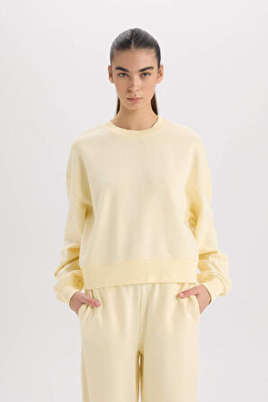 Boxy Fit Bisiklet Yaka Basic Düz Kalın Sweatshirt