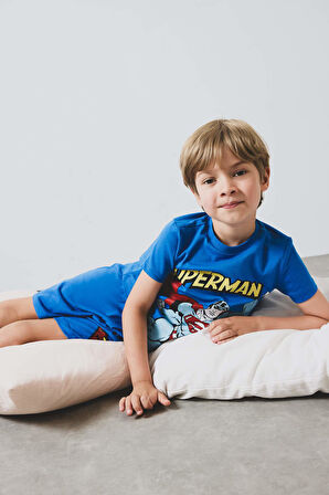 Erkek Bebek Superman Pijama Takımı Kısa Kollu Penye Üst Beli Lastikli Şort