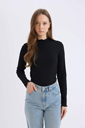 DeFacto Yarım Balıkçı Yaka Fitilli Kaşkorse Uzun Kollu Tesettür Tişört B2389AX25SPBK81