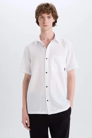 %100 Pamuk Slim Fit Dar Kesim Basic Düz Kısa Kollu Gömlek