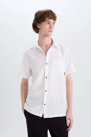 %100 Pamuk Slim Fit Dar Kesim Basic Düz Kısa Kollu Gömlek