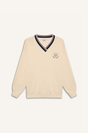 DeFactoFit Oversize Geniş Kalıp V Yaka Baskılı Sporcu Sweatshirt D7135AX25SPER109