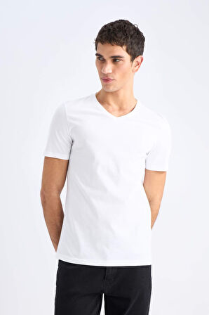 DeFacto Slim Fit Dar Kesim V Yaka Basic Düz Kısa Kollu %100 Pamuk Tişört M7668AZ25SPWT34