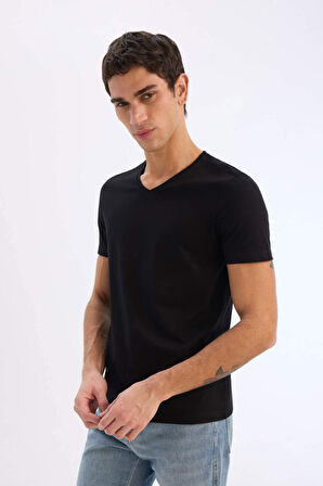 DeFacto Slim Fit Dar Kesim V Yaka Basic Düz Kısa Kollu %100 Pamuk Tişört M7668AZ25SPBK81