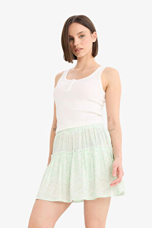 Çiçek Desenli Normal Bel Krinkıl Viskon Mini Etek