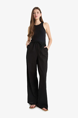 Wide Leg Çift Cepli Beli Lastikli Standart Boy Keten Karışımlı Pantolon
