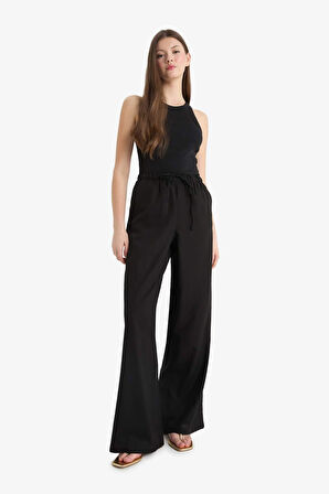 Wide Leg Çift Cepli Beli Lastikli Standart Boy Keten Karışımlı Pantolon