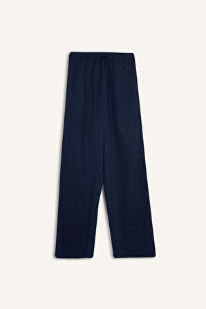 Wide Leg Çift Cepli Beli Lastikli Standart Boy Keten Karışımlı Pantolon