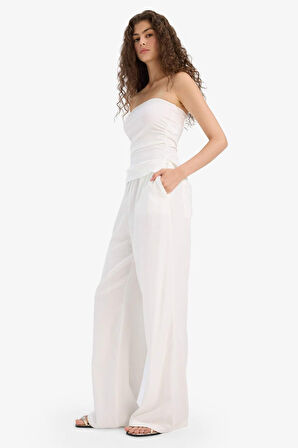 Wide Leg Çift Cepli Beli Lastikli Standart Boy Keten Karışımlı Pantolon