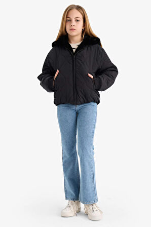 Kız Çocuk Çift Taraflı Kapüşonlu Mont