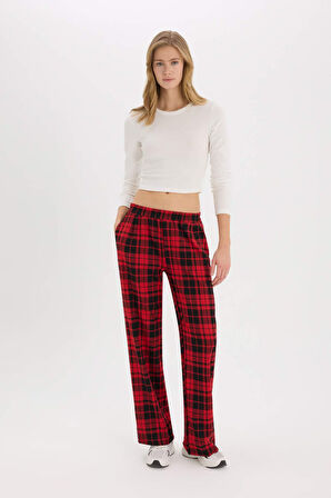 DeFacto Coool Wide Leg Kareli Kumaş Pijama Pantolon Geniş Bol Paça Beli Cepli Lastikli Normal Bel D9547AX25SPRD328