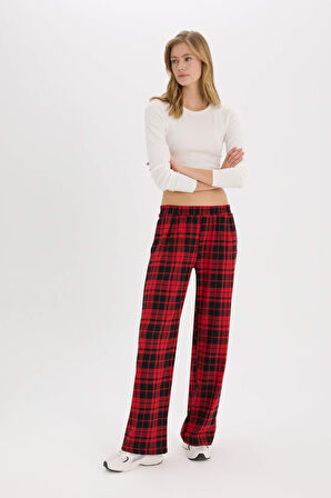 DeFacto Coool Wide Leg Kareli Kumaş Pijama Pantolon Geniş Bol Paça Beli Cepli Lastikli Normal Bel D9547AX25SPRD328