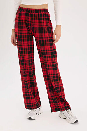 DeFacto Coool Wide Leg Kareli Kumaş Pijama Pantolon Geniş Bol Paça Beli Cepli Lastikli Normal Bel D9547AX25SPRD328