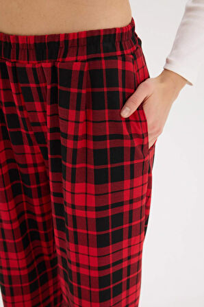 DeFacto Coool Wide Leg Kareli Kumaş Pijama Pantolon Geniş Bol Paça Beli Cepli Lastikli Normal Bel D9547AX25SPRD328
