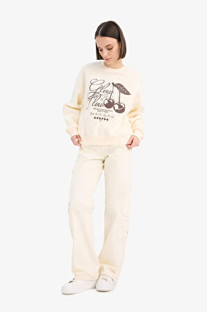 Coool Oversize Geniş Kalıp Bisiklet Yaka Baskılı Kalın Kumaş Sweatshirt