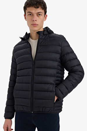 Su Geçirmez Slim Fit Dar Kesim Kapüşonlu Fermuarlı Şişme Mont