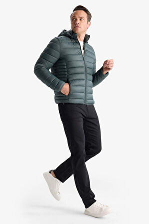 Su Geçirmez Slim Fit Dar Kesim Kapüşonlu Fermuarlı Şişme Mont 
