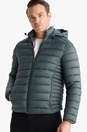 Su Geçirmez Slim Fit Dar Kesim Kapüşonlu Fermuarlı Şişme Mont