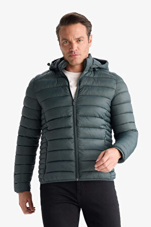 Su Geçirmez Slim Fit Dar Kesim Kapüşonlu Fermuarlı Şişme Mont