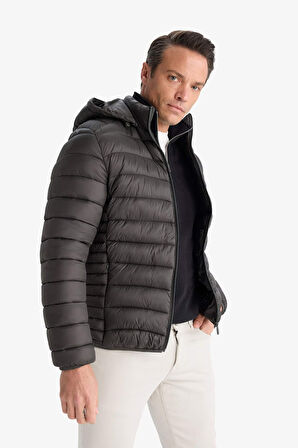 Su Geçirmez Slim Fit Dar Kesim Kapüşonlu Fermuarlı Şişme Mont