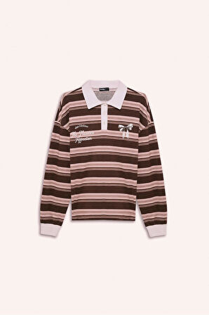 Coool Loose Fit Polo Yaka Çizgili Sweatshirt