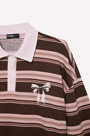 Coool Loose Fit Polo Yaka Çizgili Sweatshirt