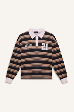 Coool Loose Fit Çizgili Polo Yaka Sweatshirt