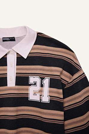 Coool Loose Fit Çizgili Polo Yaka Sweatshirt