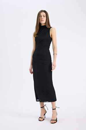 Bodycon Vücudu Saran Yarım Balıkçı Yaka Basic Düz Tül Kolsuz Maxi Elbise