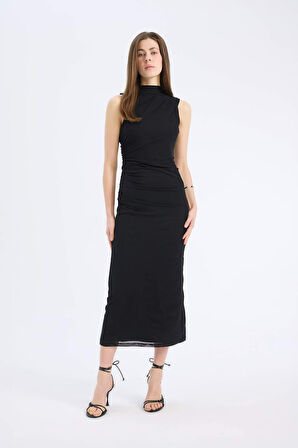 Bodycon Vücudu Saran Yarım Balıkçı Yaka Basic Düz Tül Kolsuz Maxi Elbise