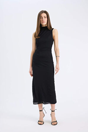 Bodycon Vücudu Saran Yarım Balıkçı Yaka Basic Düz Tül Kolsuz Maxi Elbise