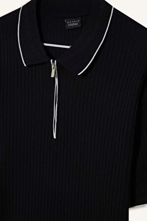 Slim Fit Dar Kesim Polo Yaka Kısa Kollu Fitilli Kaşkorse Polo Tişört