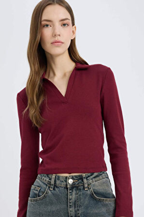 Fitted Polo Yaka Basic Düz Modal Uzun Kollu Tişört
