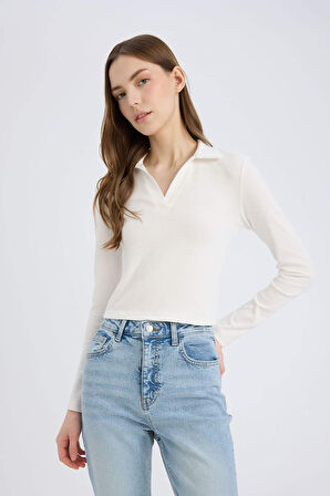 DeFacto Fitted Polo Yaka Basic Düz Modal Uzun Kollu Beyaz Tişört E7938AX25SPWT32