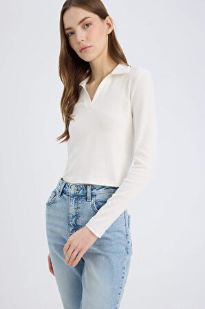 DeFacto Fitted Polo Yaka Basic Düz Modal Uzun Kollu Beyaz Tişört E7938AX25SPWT32